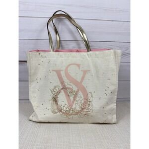Victoria's Secret Pink Floral VS Logo Tote Bag Gold Handles Stars‎